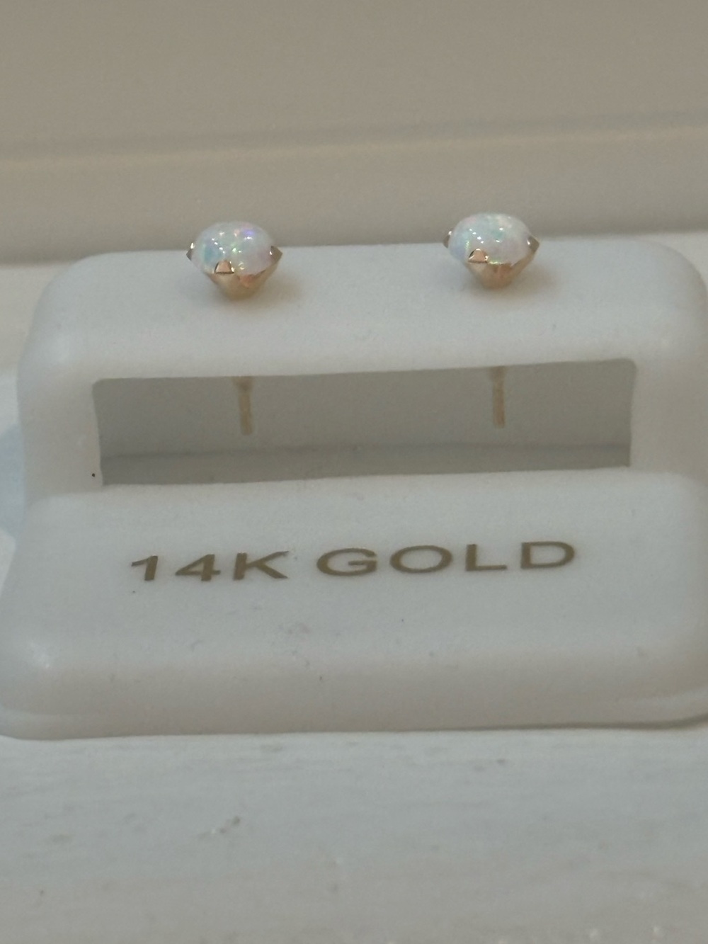 14K Gold Opal Stud Earrings - White Opal Sparkle - Picture 3 of 7